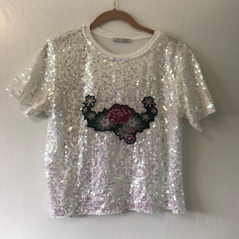 Zara Sequin Tee with Floral Embroidery